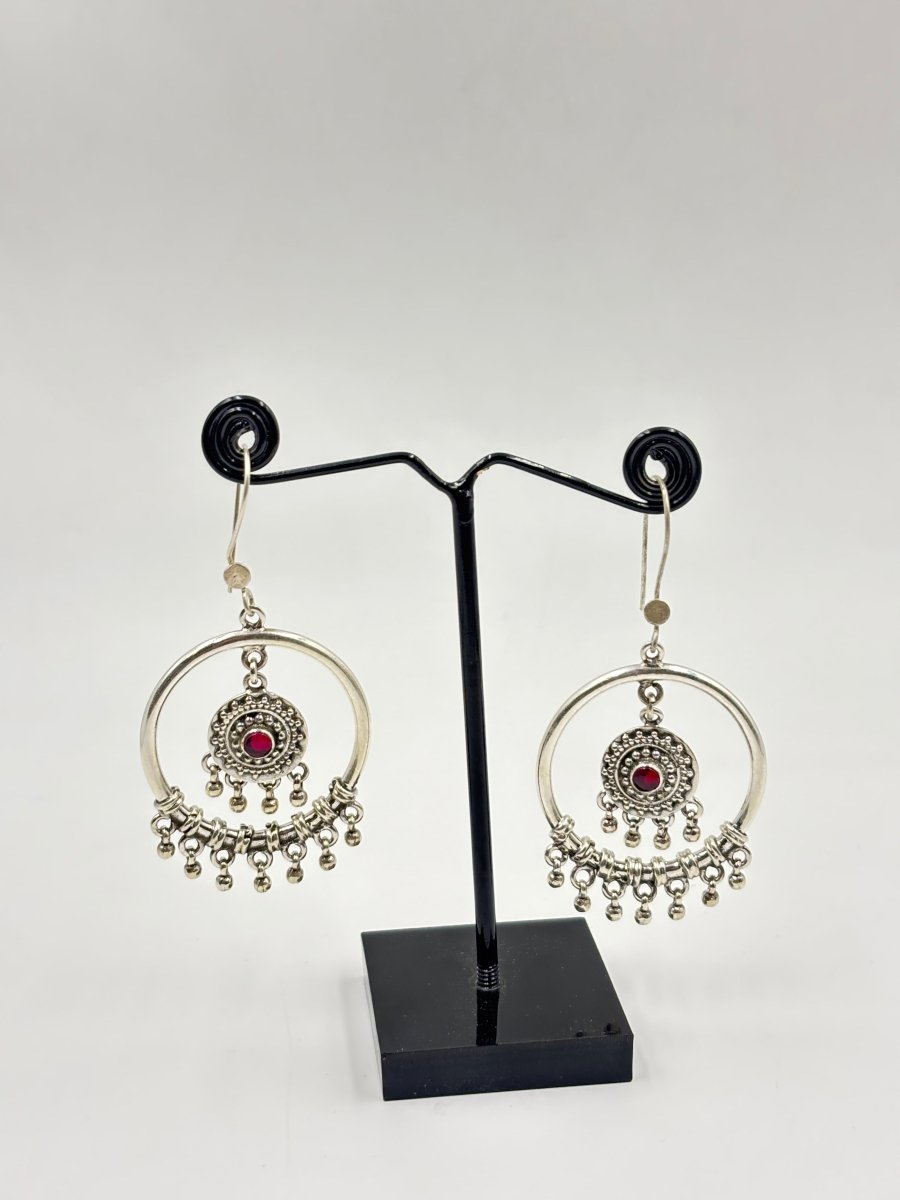 Riya Red Stone Tribal Hoops - Zirak Silver