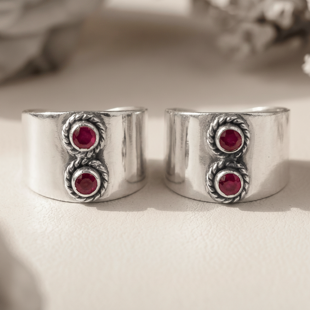 Riya Ruby Double Stone Wide Toe Rings - Zirak Silver