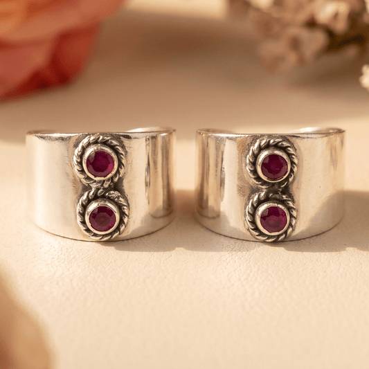 Riya Ruby Double Stone Wide Toe Rings - Zirak Silver