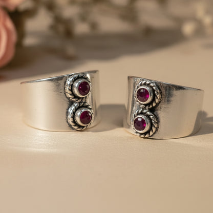 Riya Ruby Double Stone Wide Toe Rings - Zirak Silver