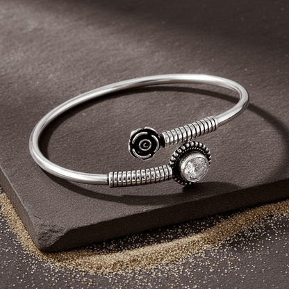 Roohani Bracelet – Oxidised 925 Silver Rose and Solitaire Zircon Cuff - Zirak Silver
