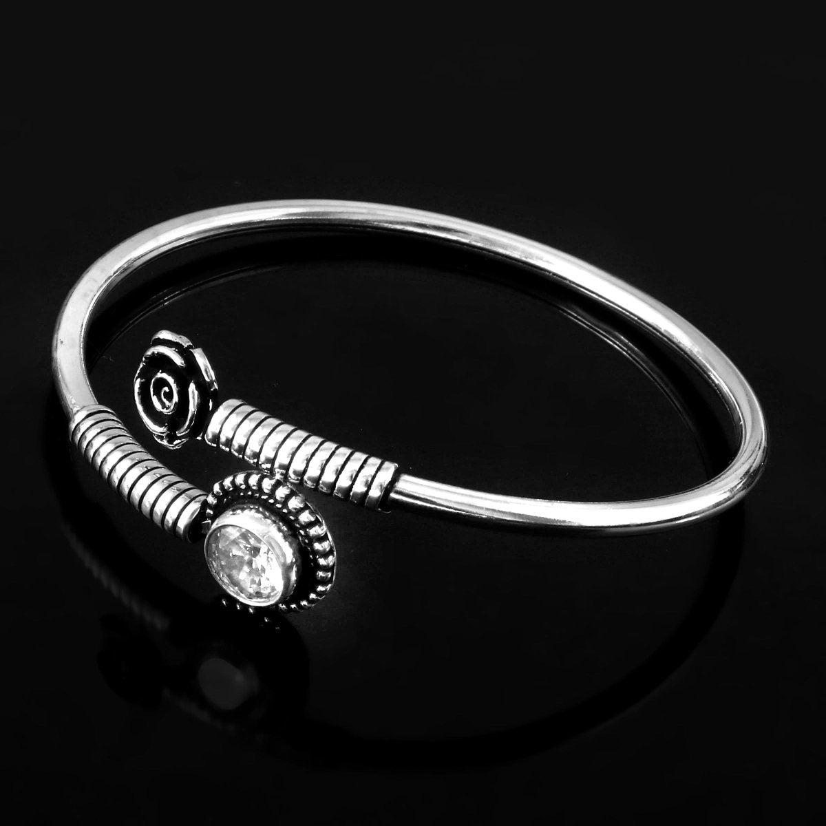 Roohani Bracelet – Oxidised 925 Silver Rose and Solitaire Zircon Cuff - Zirak Silver