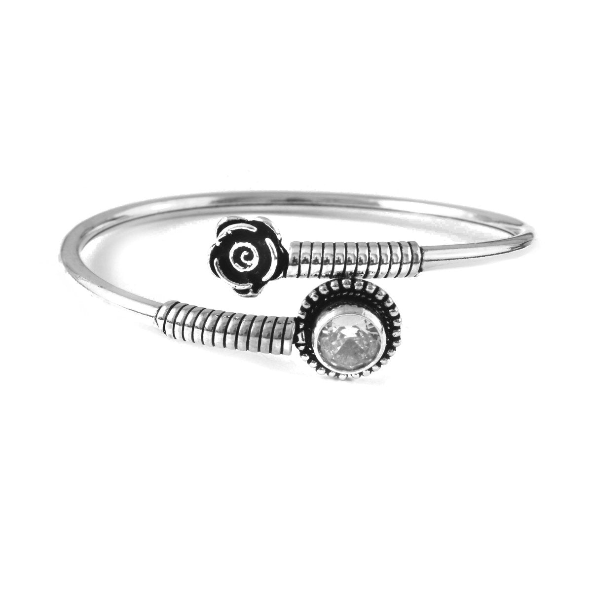 Roohani Bracelet – Oxidised 925 Silver Rose and Solitaire Zircon Cuff - Zirak Silver