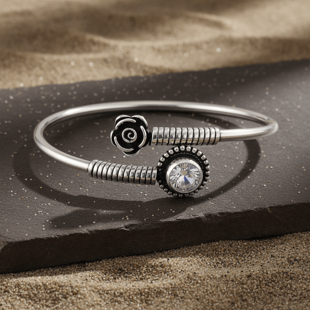 Roohani Bracelet – Oxidised 925 Silver Rose and Solitaire Zircon Cuff - Zirak Silver