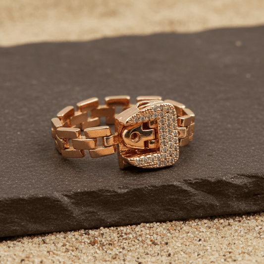 Rose Gold Adjustable Buckle Link Ring – Dainty Cubic Zirconia Chain Band - Zirak Silver