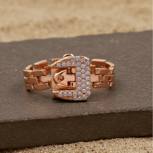 Rose Gold Adjustable Buckle Link Ring – Dainty Cubic Zirconia Chain Band - Zirak Silver