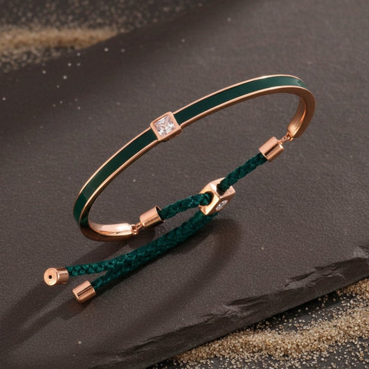 Rose Gold Adjustable Silver Bracelet with Green Enamel & CZ Stone - Zirak Silver
