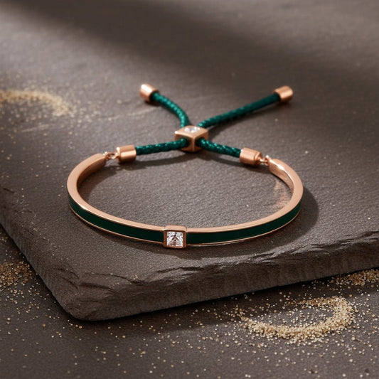 Rose Gold Adjustable Silver Bracelet with Green Enamel & CZ Stone - Zirak Silver