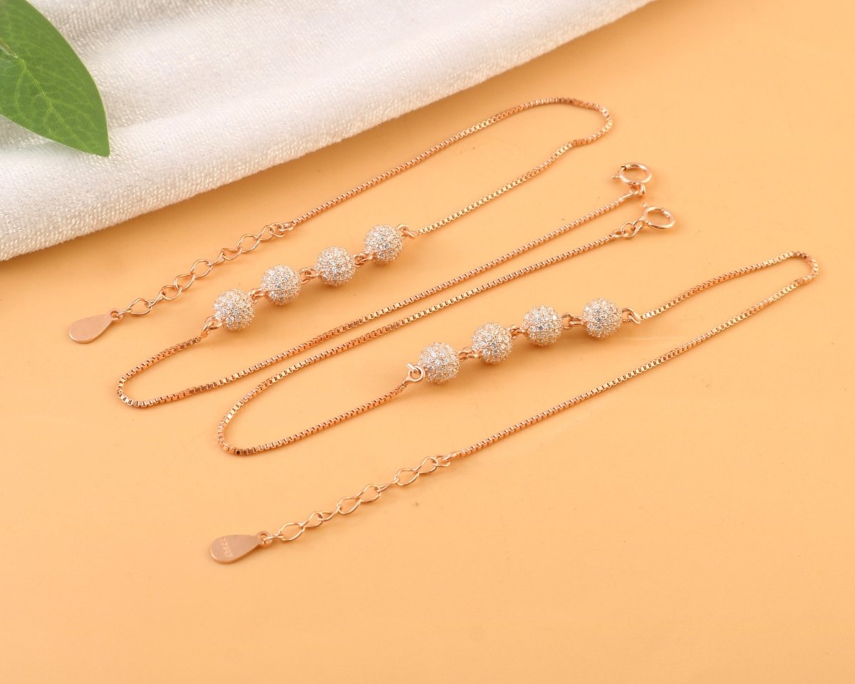 Rose Gold Anklet with Silver Beads | Dainty Adjustable Anklet | Elegant Everyday Jewelry - Zirak Silver