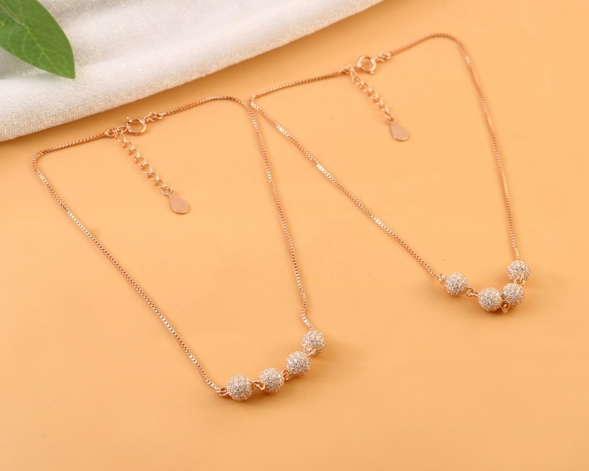 Rose Gold Anklet with Silver Beads | Dainty Adjustable Anklet | Elegant Everyday Jewelry - Zirak Silver