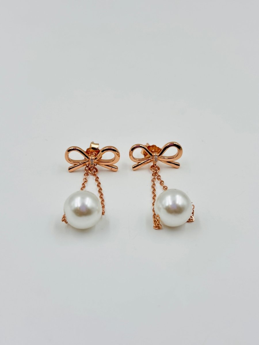 Rose Gold Bow Drop Pearl Earrings - Zirak Silver