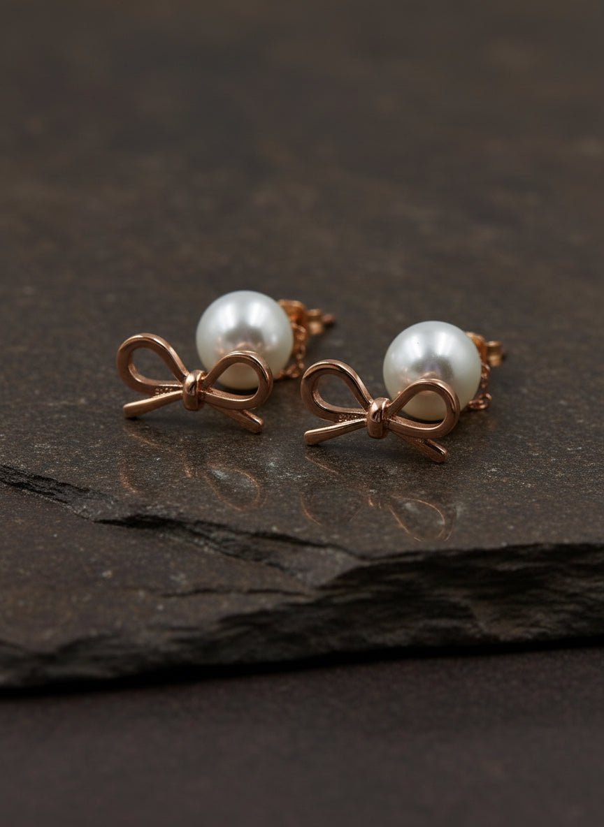 Rose Gold Bow Drop Pearl Earrings - Zirak Silver