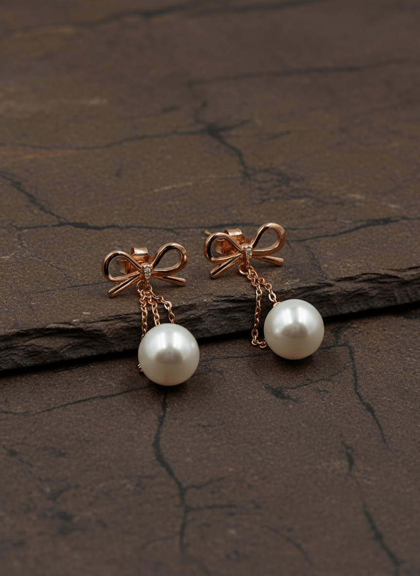 Rose Gold Bow Drop Pearl Earrings - Zirak Silver
