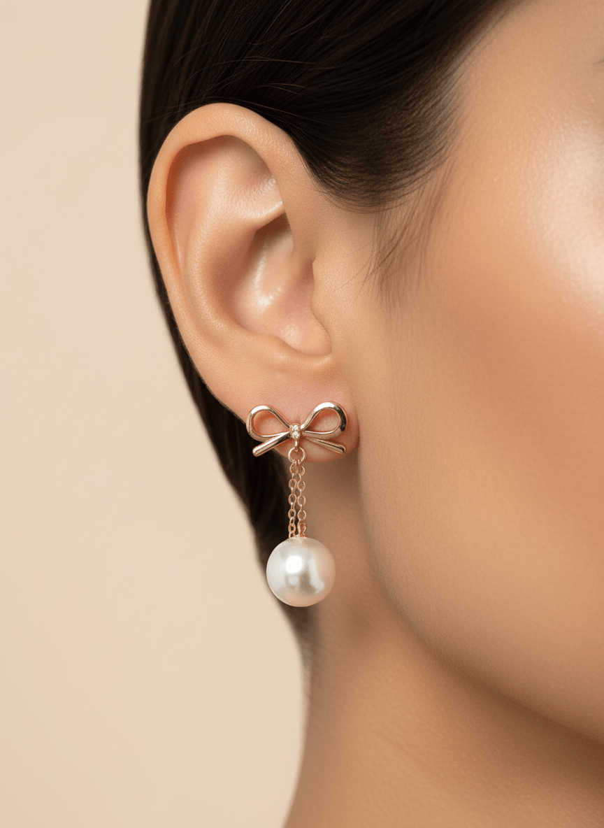 Rose Gold Bow Drop Pearl Earrings - Zirak Silver