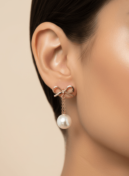 Rose Gold Bow Drop Pearl Earrings - Zirak Silver