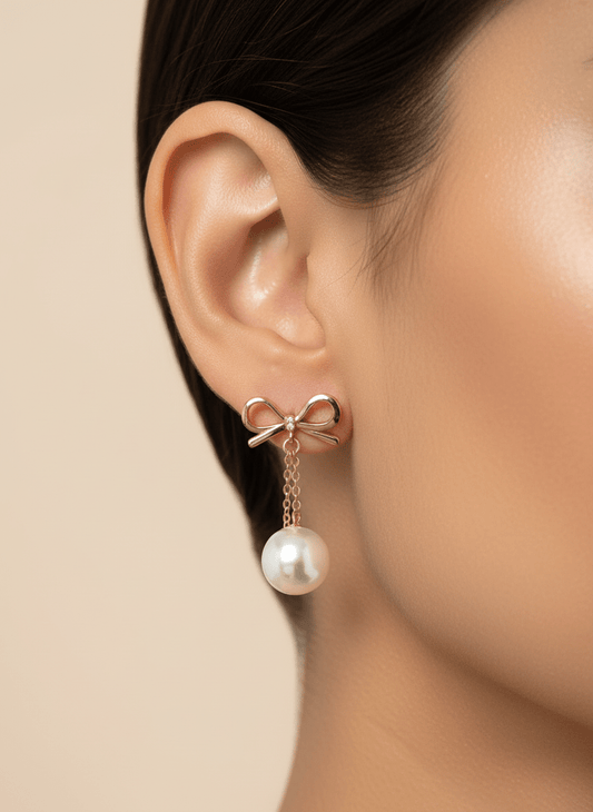 Rose Gold Bow Drop Pearl Earrings - Zirak Silver