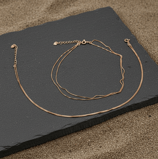 Rose Gold Box Chain Anklet Pair - Zirak Silver