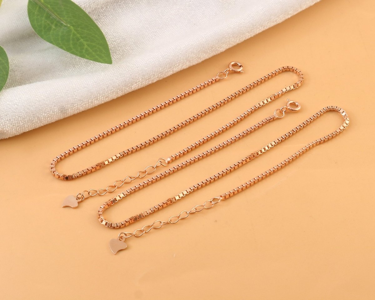 Rose Gold Box Chain Anklet with Heart Charm | Minimal Adjustable Anklet | Everyday Silver Jewelry - Zirak Silver