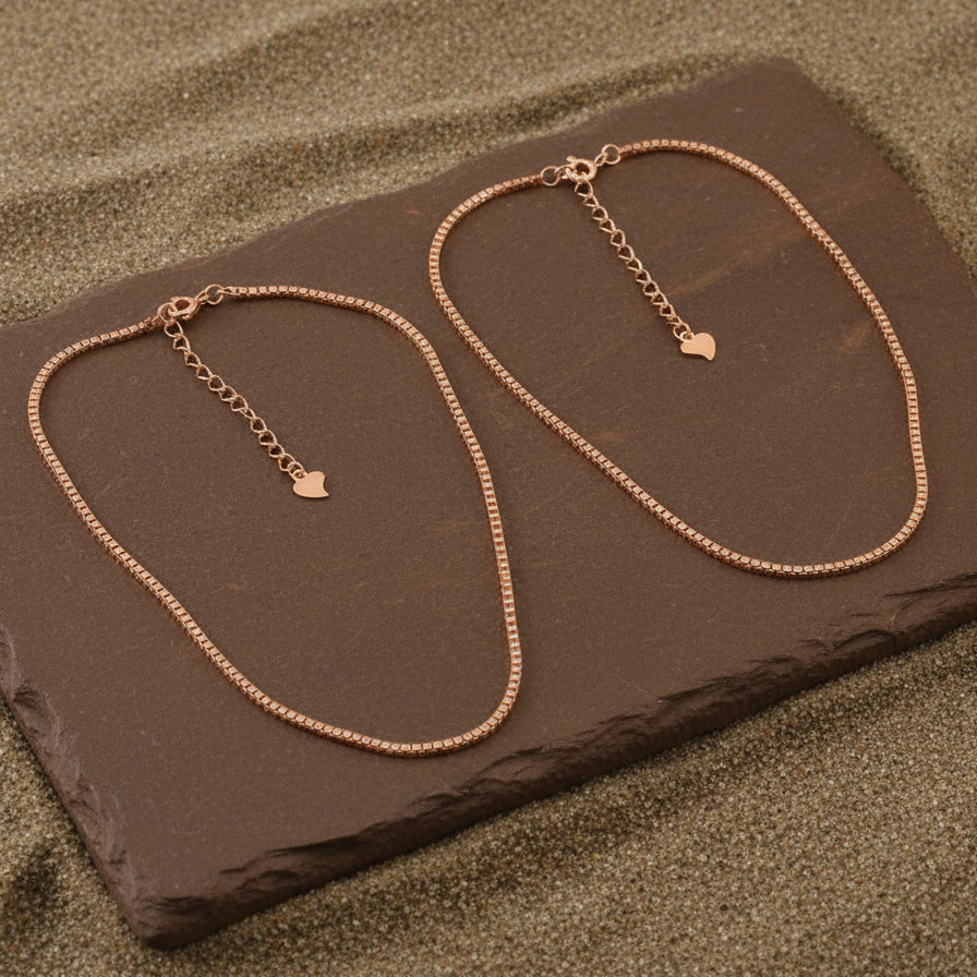 Rose Gold Box Chain Anklet with Heart Charm | Minimal Adjustable Anklet | Everyday Silver Jewelry - Zirak Silver