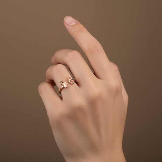 Rose Gold Butterfly Wing Ring | 925 Silver Open Adjustable CZ Ring for Women - Zirak Silver