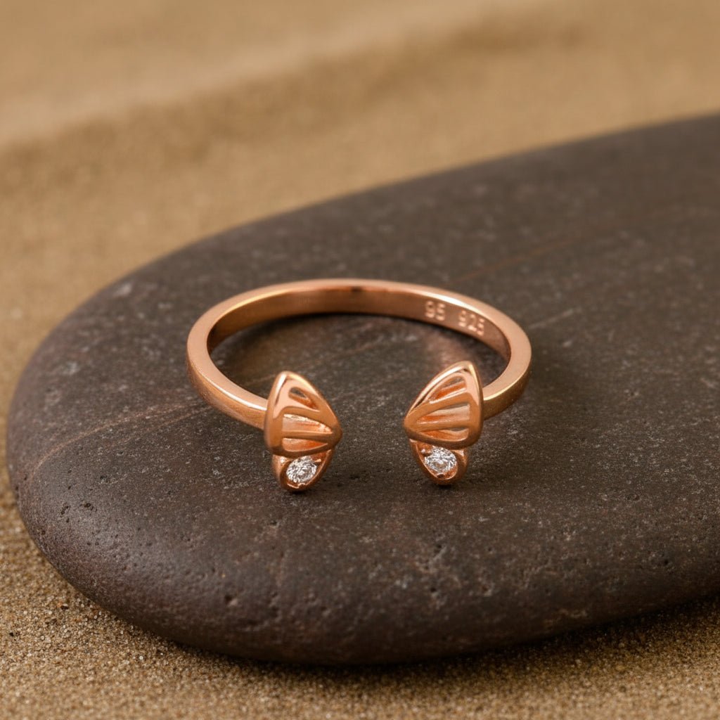 Rose Gold Butterfly Wing Ring | 925 Silver Open Adjustable CZ Ring for Women - Zirak Silver