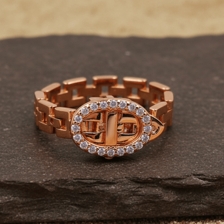 Rose Gold Chain - Link Statement Ring – Oval Crystal Emblem Ring - Zirak Silver