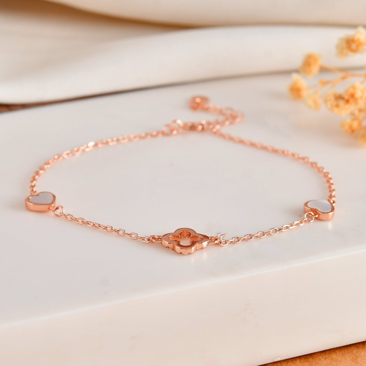 Rose - Gold Clover & Mother - of - Pearl Heart Bracelet | Dainty 925 Sterling Silver Station Chain - Zirak Silver