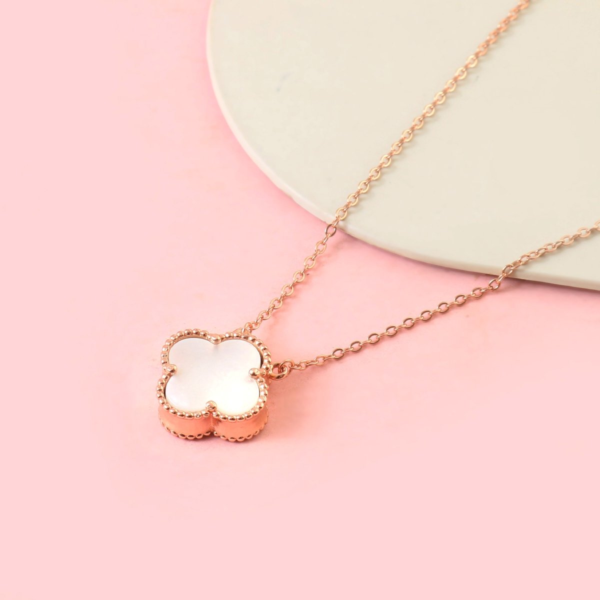 Rose Gold Clover Necklace | Reversible Black & White Mother of Pearl Pendant | 925 Silver Good Luck Jewelry - Zirak Silver