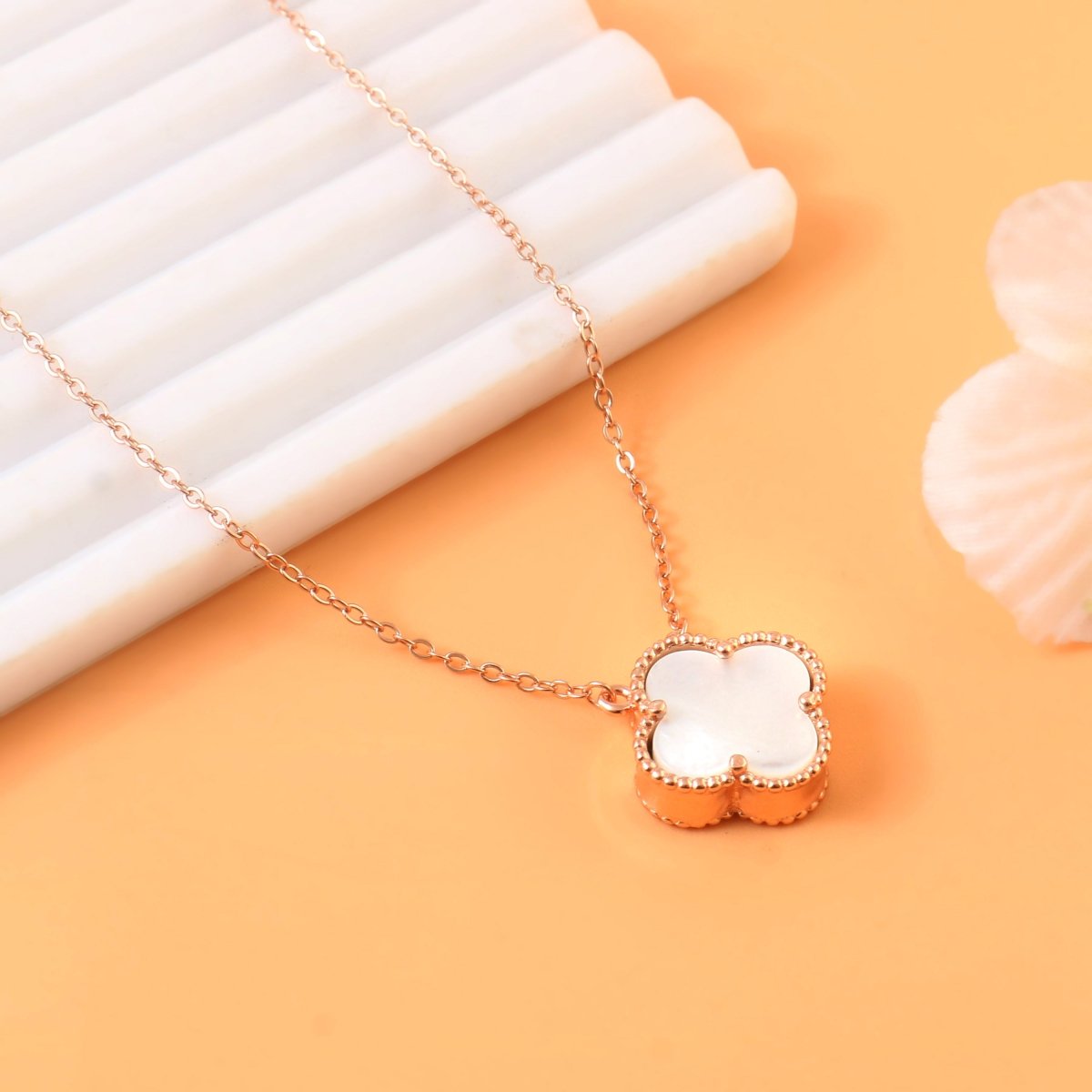 Rose Gold Clover Necklace | Reversible Black & White Mother of Pearl Pendant | 925 Silver Good Luck Jewelry - Zirak Silver