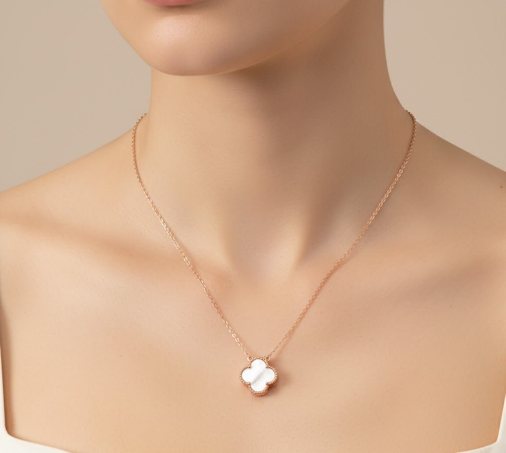 Rose Gold Clover Necklace | Reversible Black & White Mother of Pearl Pendant | 925 Silver Good Luck Jewelry - Zirak Silver