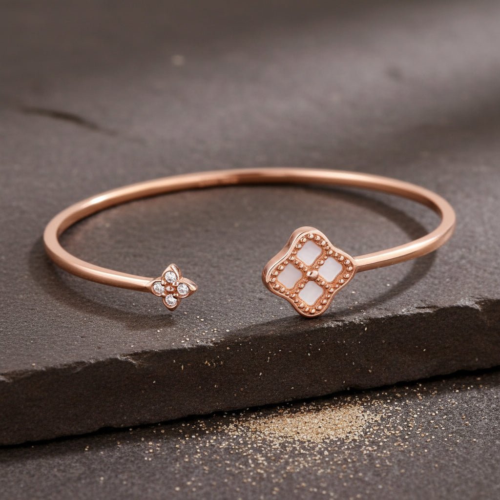 Rose Gold Clover Open Cuff Bracelet - Zirak Silver