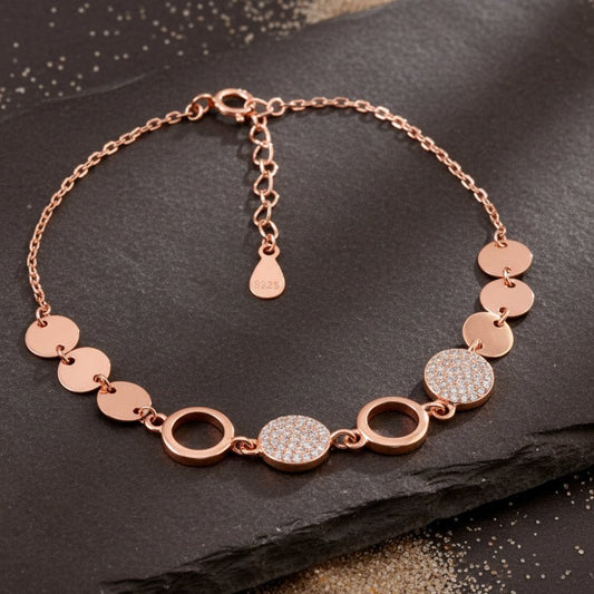 Rose Gold CZ Disc 925 Silver Adjustable Bracelet - Zirak Silver