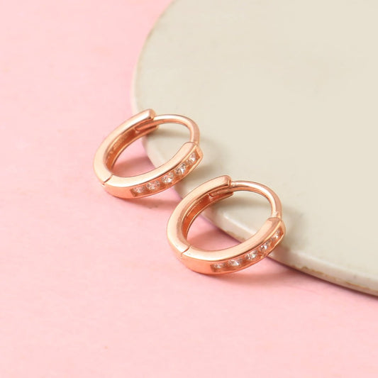 Rose Gold CZ Huggie Earrings – Minimalist Hoop Earrings for Everyday Elegance - Zirak Silver