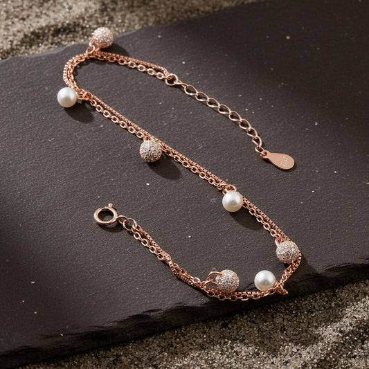 Rose Gold Double Chain Pearl Bracelet | 925 Silver Elegant Layered Bracelet for Women - Zirak Silver