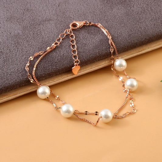 Rose Gold Double Chain Pearl Bracelet | 925 Silver Elegant Layered Bracelet for Women - Zirak Silver