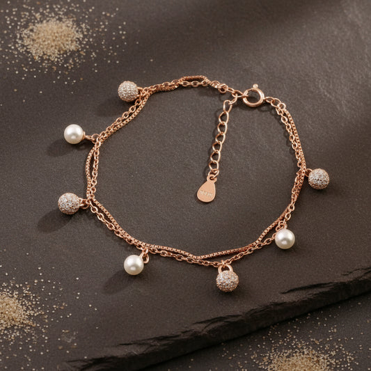 Rose Gold Double Chain Pearl Bracelet | 925 Silver Elegant Layered Bracelet for Women - Zirak Silver