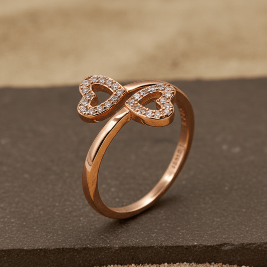 Rose Gold Double Heart Sparkle Ring - Zirak Silver