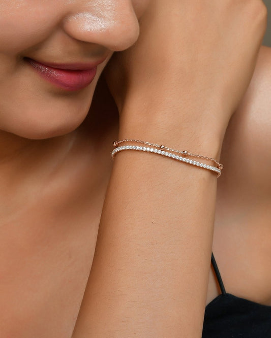 Rose - Gold Duo - Layer Sterling - Silver Bracelet | CZ Tennis Strand & Beaded Chain - Zirak Silver