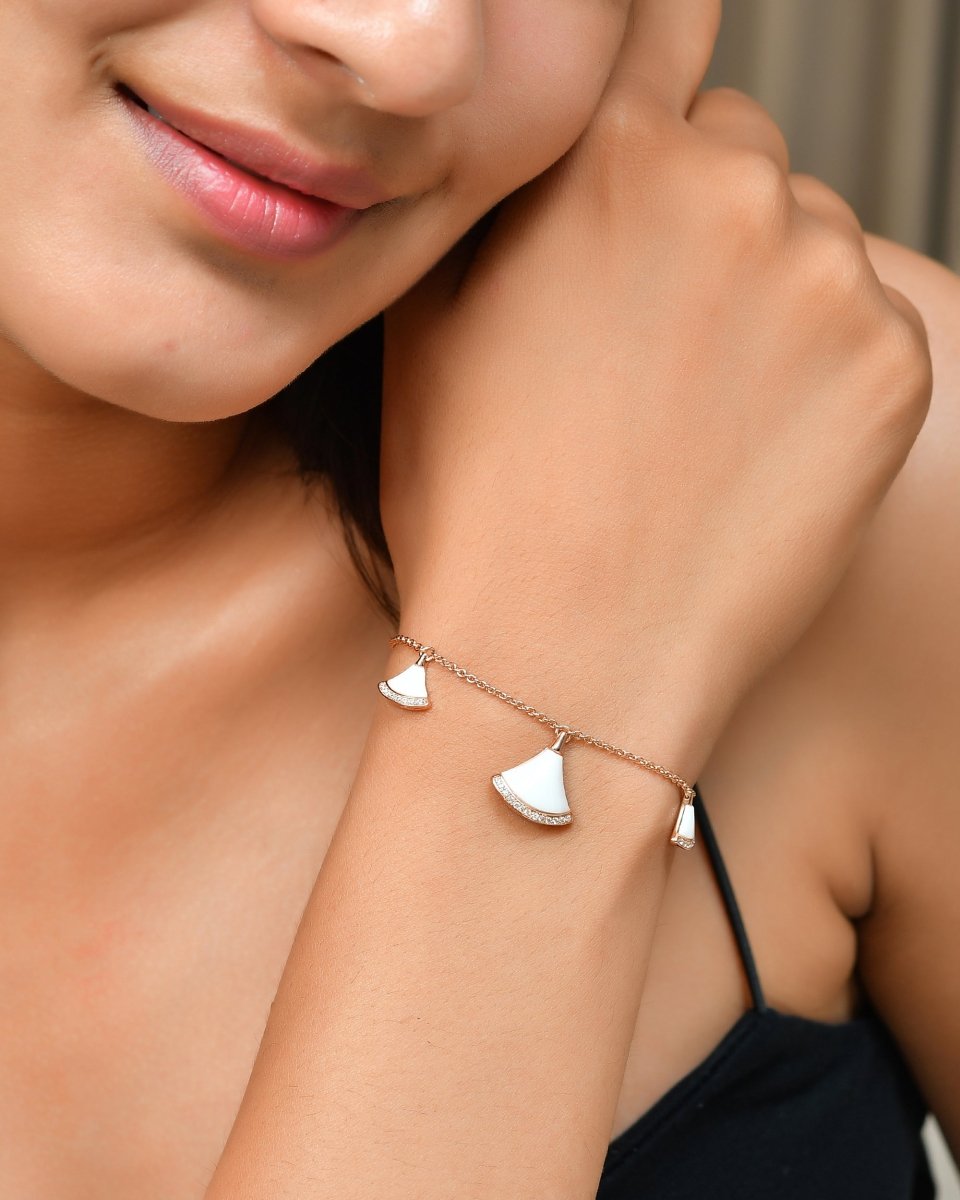 Rose - Gold Fan Charm Bracelet with White Mother - of - Pearl & Cubic Zirconia – Adjustable 925 Sterling Silver - Zirak Silver