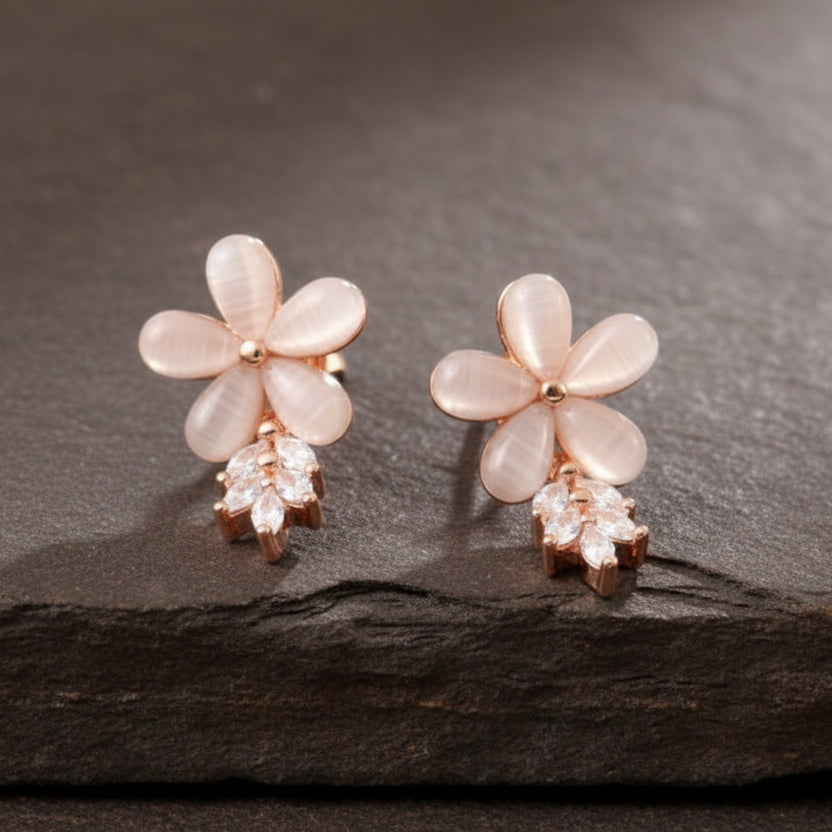 Rose Gold Floral Stud Earrings – Champagne Cat - Eye Flower Earrings with CZ Leaf Detailing - Zirak Silver