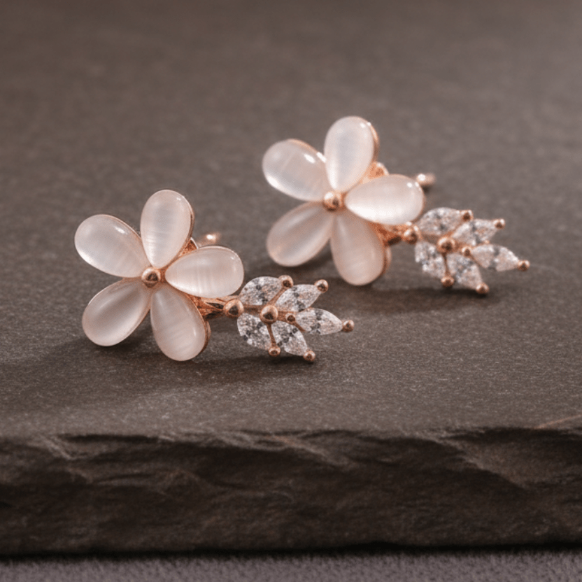 Rose Gold Floral Stud Earrings – Champagne Cat - Eye Flower Earrings with CZ Leaf Detailing - Zirak Silver