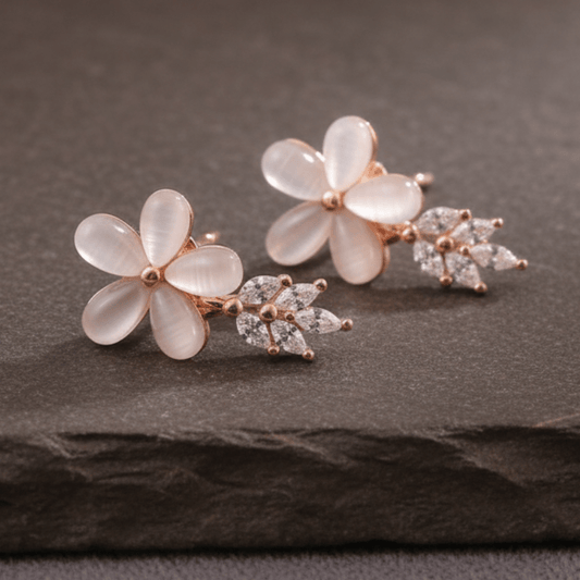 Rose Gold Floral Stud Earrings – Champagne Cat - Eye Flower Earrings with CZ Leaf Detailing - Zirak Silver