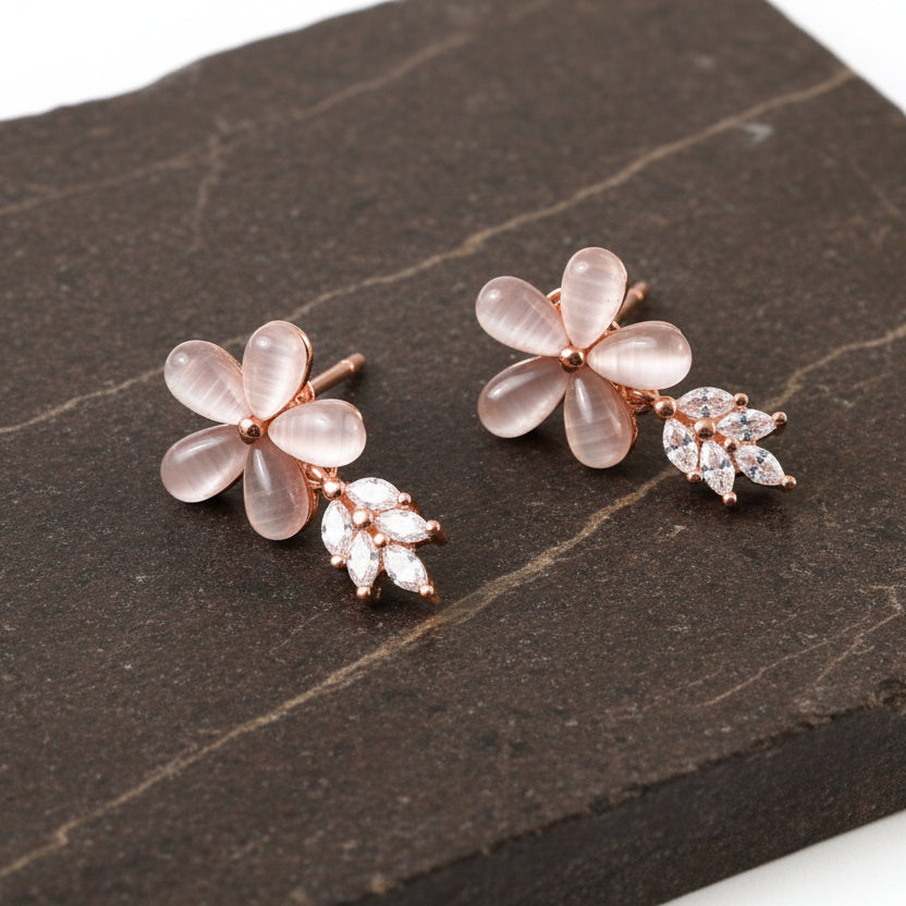 Rose Gold Floral Stud Earrings – Champagne Cat - Eye Flower Earrings with CZ Leaf Detailing - Zirak Silver