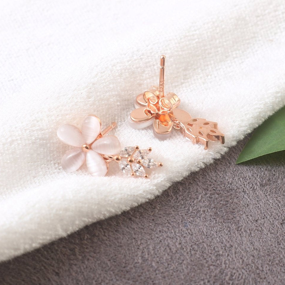 Rose Gold Floral Stud Earrings – Champagne Cat - Eye Flower Earrings with CZ Leaf Detailing - Zirak Silver