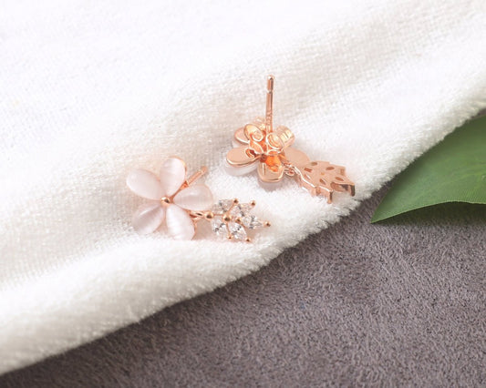 Rose Gold Floral Stud Earrings – Champagne Cat - Eye Flower Earrings with CZ Leaf Detailing - Zirak Silver