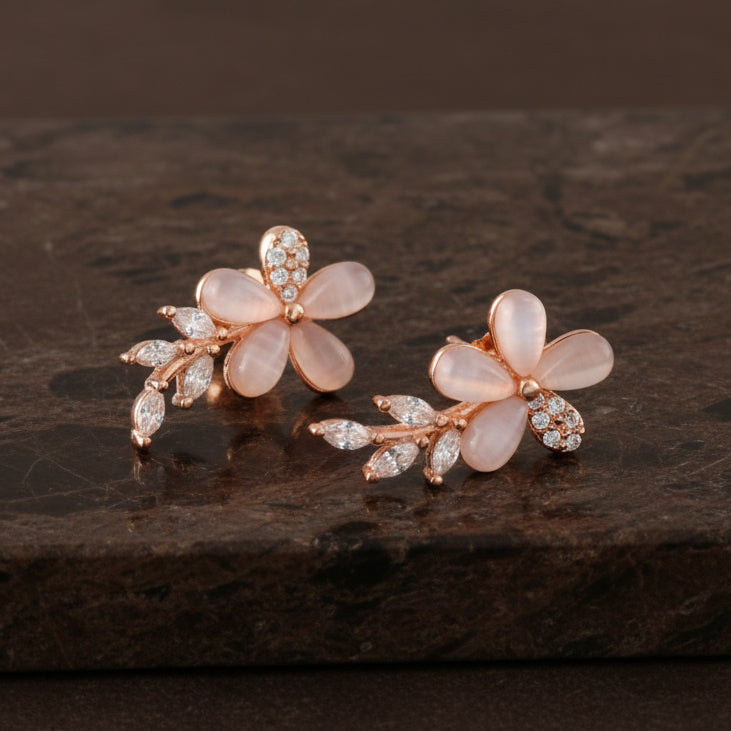 Rose Gold Floral Stud Earrings – Pink Petal Flower Earrings with CZ Leaf Detailing - Zirak Silver