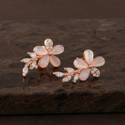 Rose Gold Floral Stud Earrings – Pink Petal Flower Earrings with CZ Leaf Detailing - Zirak Silver