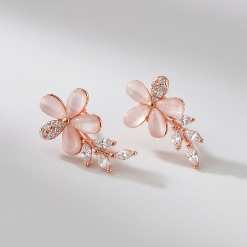 Rose Gold Floral Stud Earrings – Pink Petal Flower Earrings with CZ Leaf Detailing - Zirak Silver