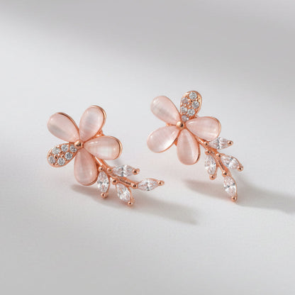Rose Gold Floral Stud Earrings – Pink Petal Flower Earrings with CZ Leaf Detailing - Zirak Silver
