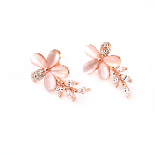 Rose Gold Floral Stud Earrings – Pink Petal Flower Earrings with CZ Leaf Detailing - Zirak Silver